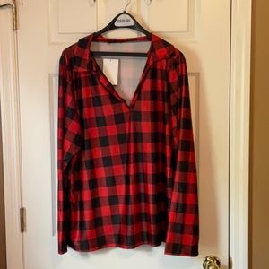 Loveudear Women’s Black and Red Plaid V- Neck Love Sleeves Top Size 2XL